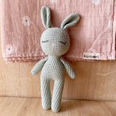 Handmade mint crocheted bunny with sleepy eyes posed on pink swaddle